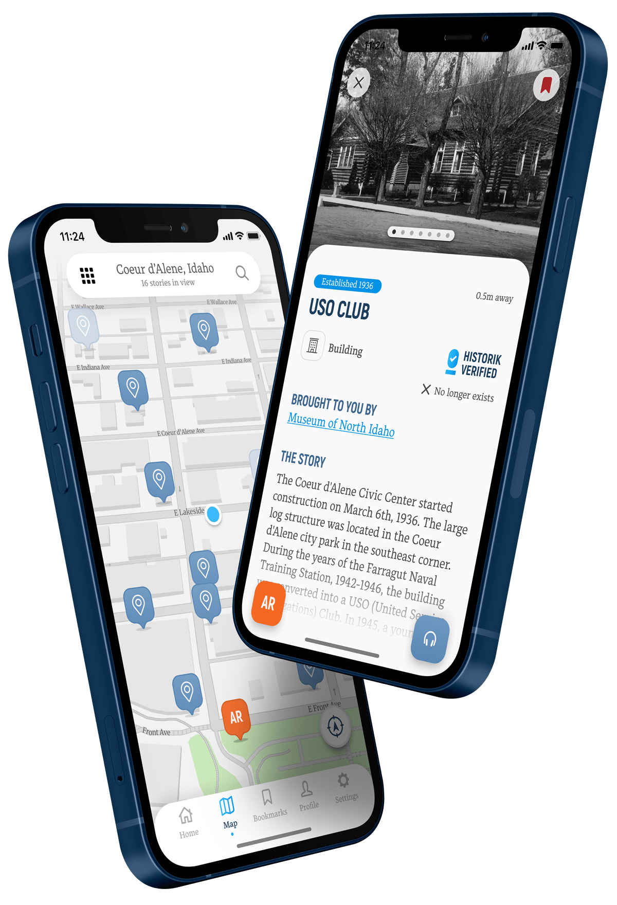 Map and story view of Historik App.